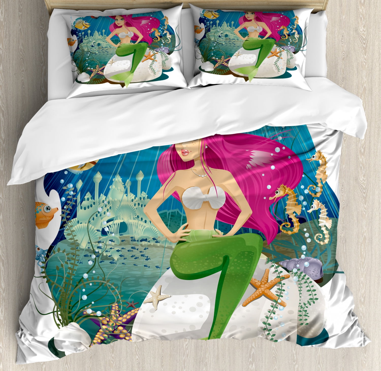 Underwater Duvet Cover Set Queen Size, Illustration of a Mermaid and