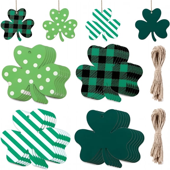 ACDANC 24 Pcs St Patricks Day Decorations Shamrocks Wooden Ornaments Clover Shaped Tree Hanging Ornaments Shamrock Wooden Cutouts Buffalo Plaid Pendant Decoration for Table Party Home De