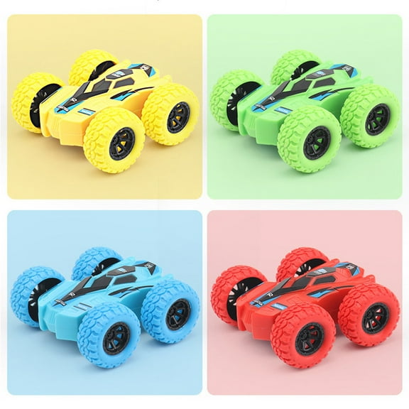 Pull Back Cars for Kids - 4 Pack Mini Plastic Friction Powered Toy Vehicles with Big Wheels, Shockproof Design for Off-Road Play (Red/Yellow/Green/Blue) - Great Gift for Boys & Girls Ages 3