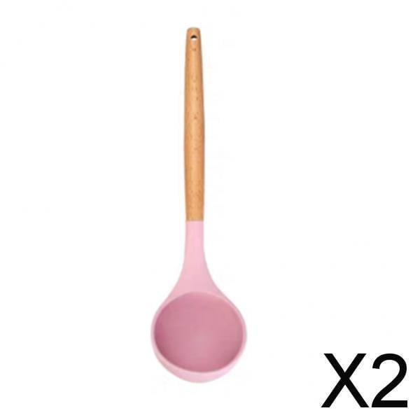 Juego de 6 cucharas soperas de silicona rosa con mangos de madera rústica 2 piezas
