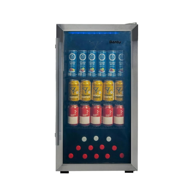 Danby 3.1 cu. ft. stainless steel free-standing beverage center with glass door displaying cans of vodka water, tonic water, classic soda, and red wine bottles.