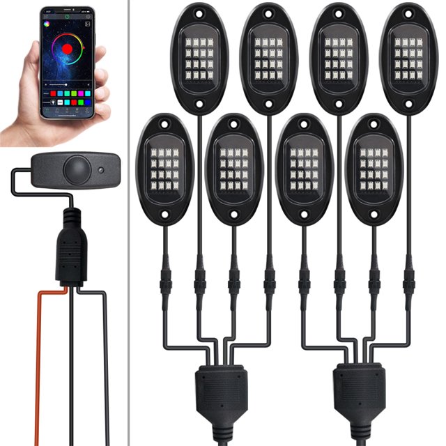 Plastic Car RGB LED Rock Light PU Lens Universal 150 Degree Anti-rust DIY IP67 Waterproof Underbody Lamp with Installing Screws 8 Lights