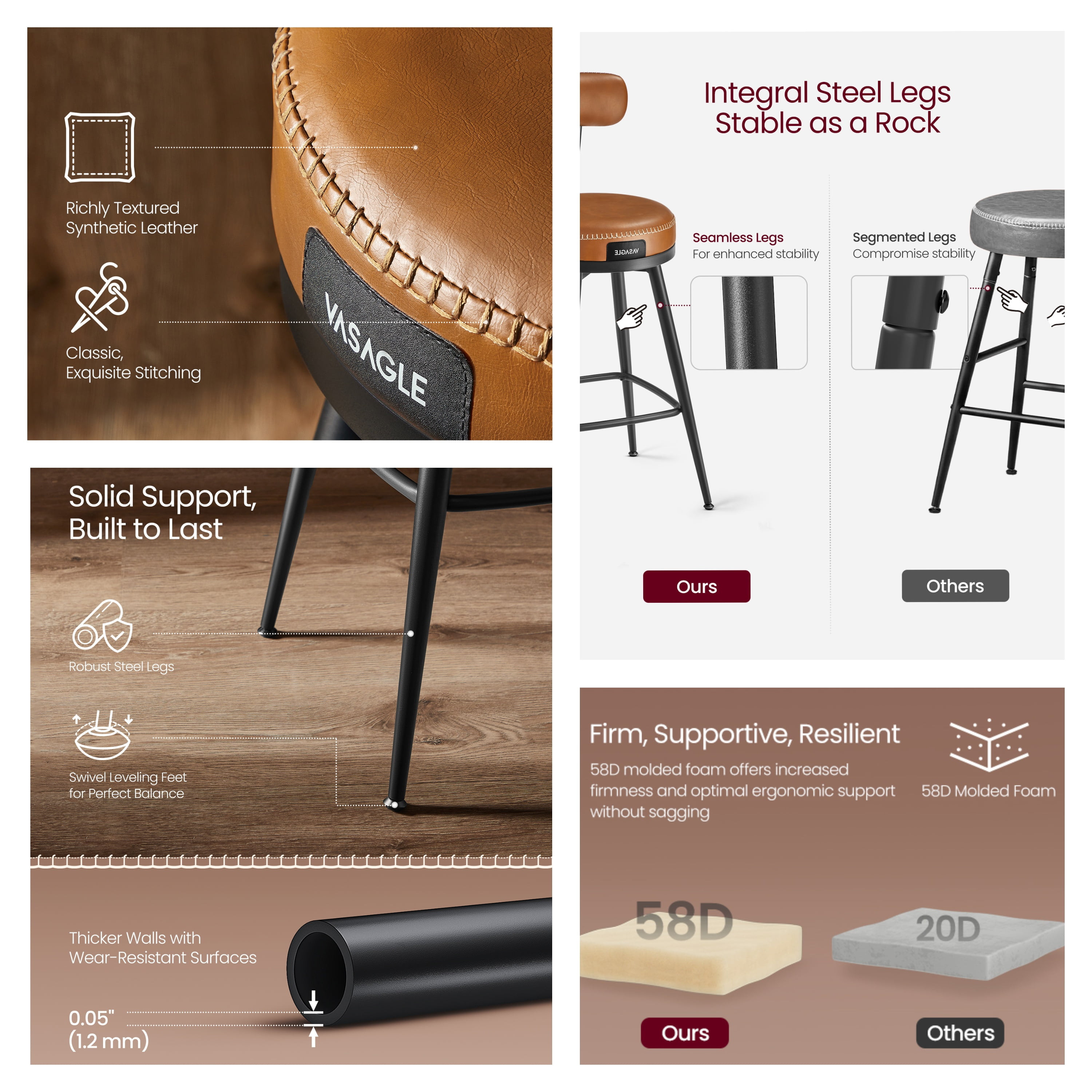 LEDREM Set of 2 Swivel Counter Height Bar Stools with Back,Kitchen&Home Bar Chairs,Padded Synthetic Leather Seats,25.6-Inch Tall,Caramel Brown