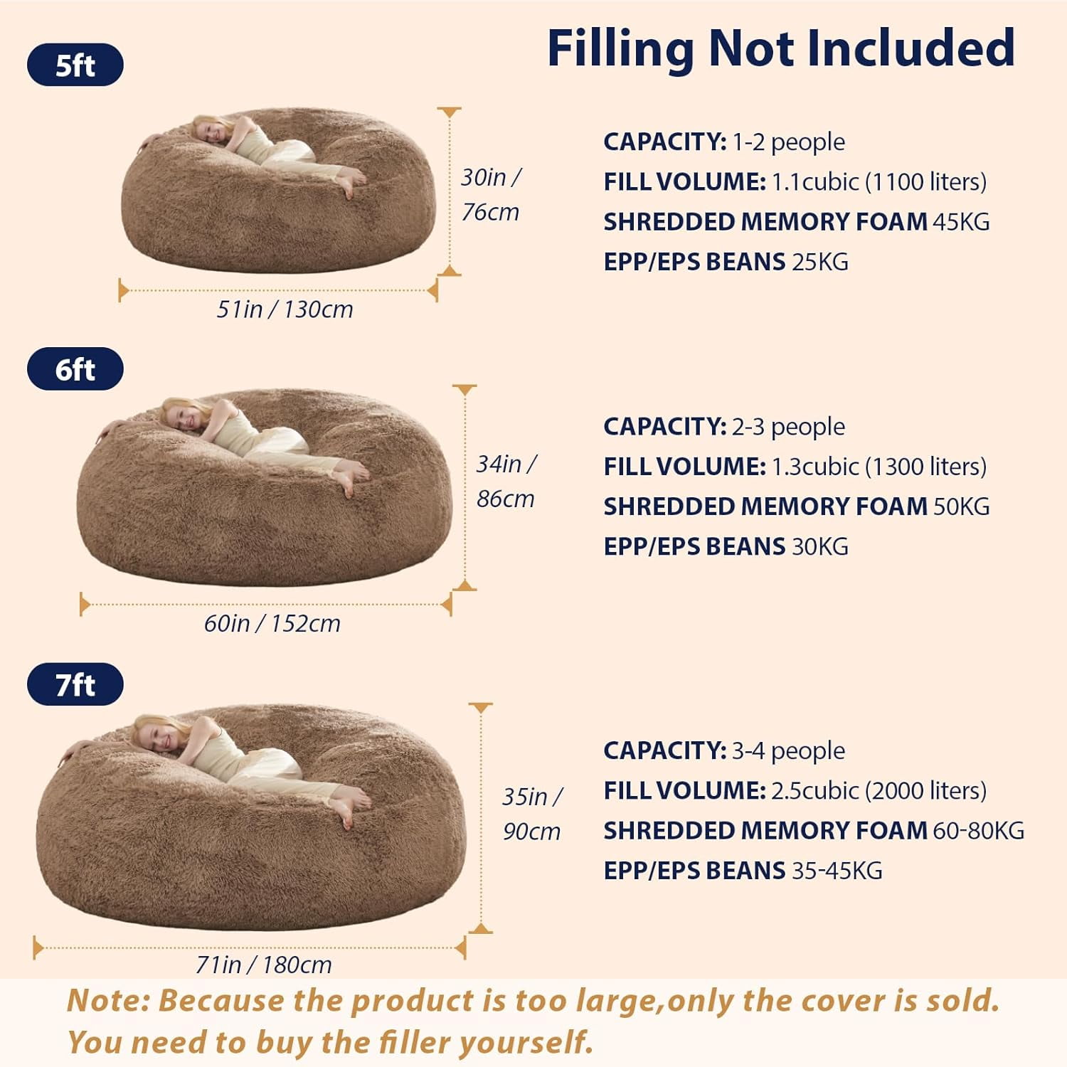 Big Bean Bag Cover Only, Washable Oversized Bean Bag Chairs Cover for Adults, Fluffy Plush Bean Bags Cover for Adults Teenagers Without Filler Included, 7FT, Khaki