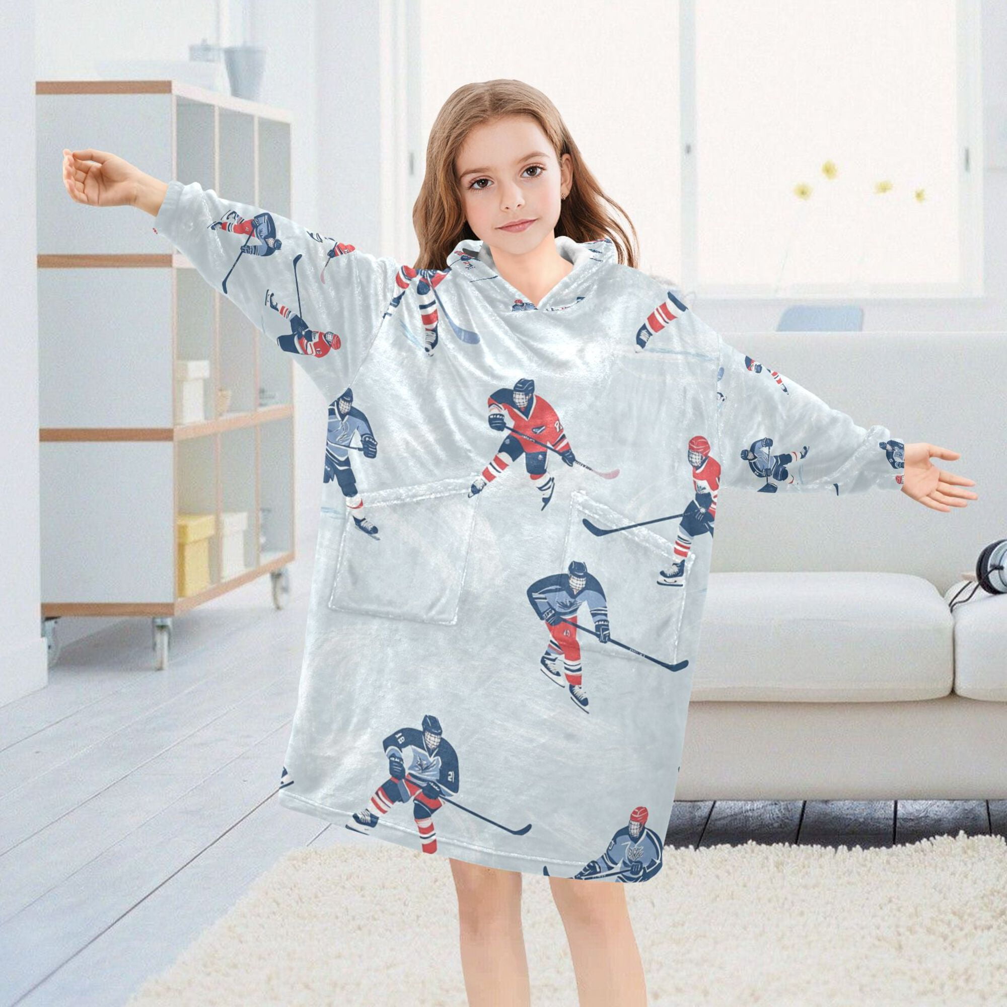 FORMRS Wearable Blanket Hoodie with Sleeves for Kids Cozy Flannel Sweatshirt, Hockey Action Zone