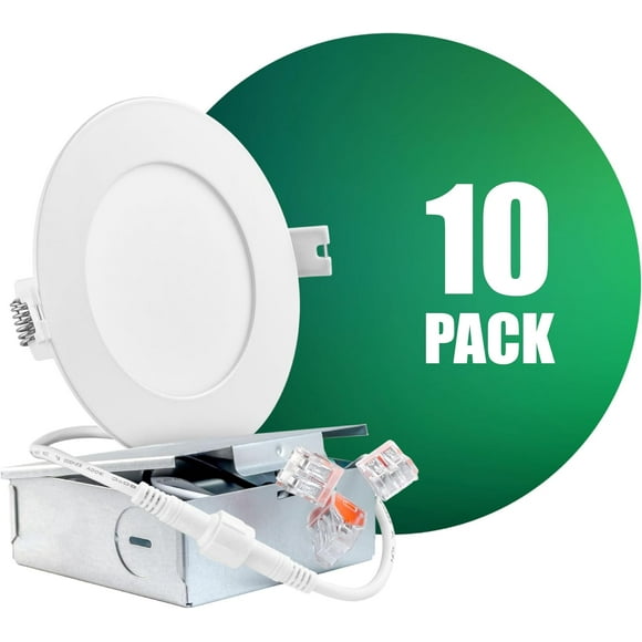 QPLUS 4Inch LED Recessed Slim Pot Light with Junction Box, 10W (=75W), 750 Lumens, Dimmable, IC Rated, ETL, Energy Star (6500K, 10 Pack)