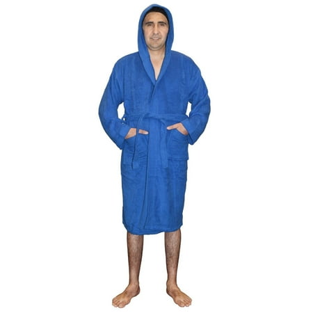 Mens 100% Terry Cotton Toweling Bathrobe Dressing Robe Hooded Blue (Best Cotton Terry Bathrobe)