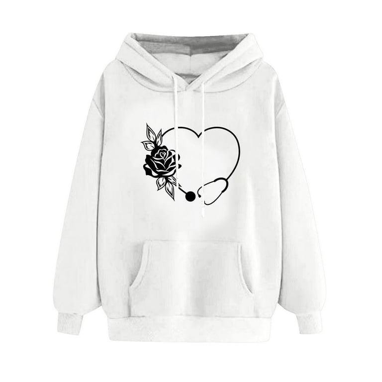 SSAAVKUY Womens Thin Oversized Sweatshirt for Women Long Sleeve Blouse  Funny Love Heart Print Pullover Hood Neck Tees Loose Trendy Tops Fashion  Trendy 2023 Gifts White M 