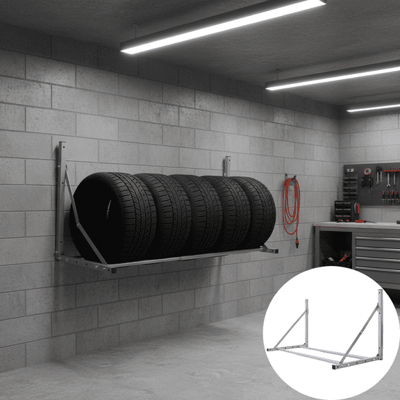 Wall Mounted Folding Tire Storage Rack, Heavy Duty 300 lbs Capacity Adjustable 30.5-50.5" Width, Space Saving Garage Organization for Car, Truck, SUV Tires | Silver Powder Coated Steel | Easy Install