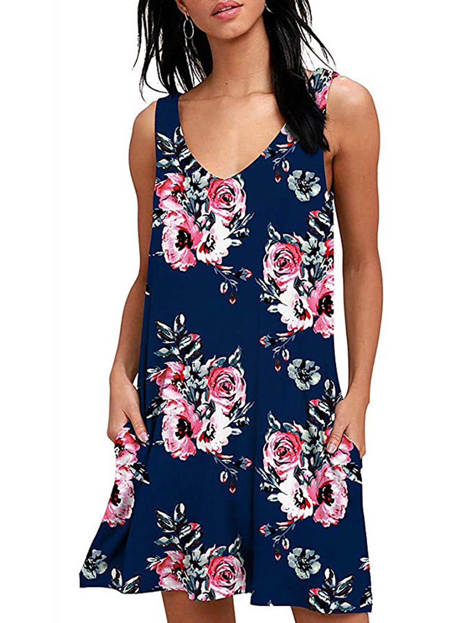 GOSOPIN Womens Summer Tank V Neck Sleeveless A-Line Mini Dress Button Down Shirt Dress S-XL