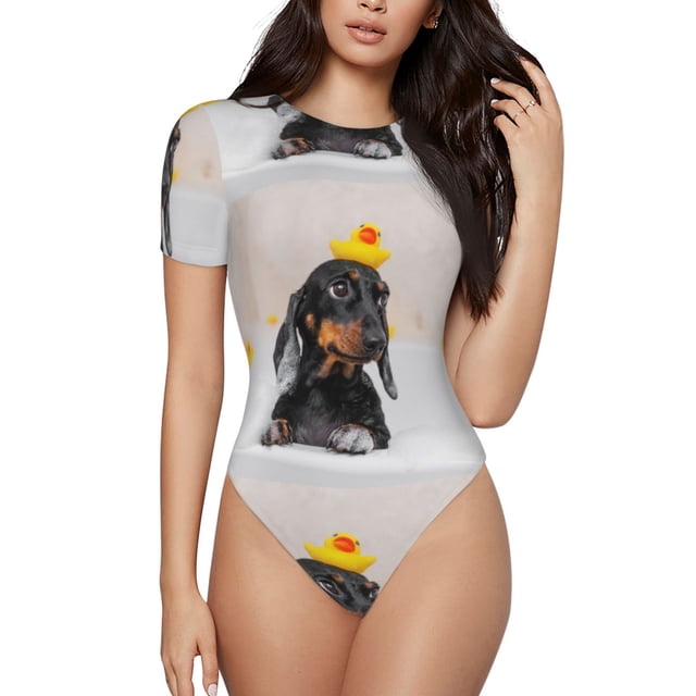 Fotbe Dachshund Sitting in Bathtub Body de Mujer con Cuello Redondo y Mangas Cortas, Sin Mangas Ajustado, Suave, Cómodo y Básico-Small