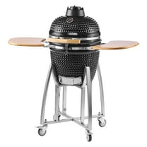KFFKFF 18" Charcoal BBQ Smoker and Grill, Portable Ceramic Barbecue with Wheels, Built-in Thermometer, and Side Shelves for Outdoor Cooking