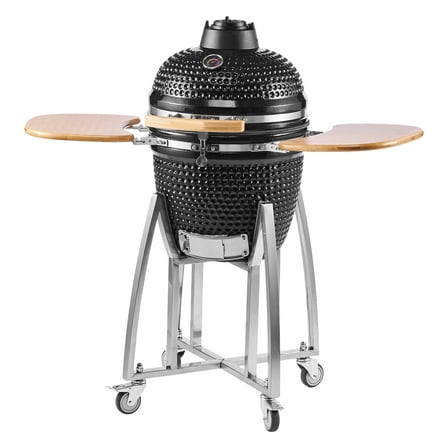 KFFKFF 18" Charcoal BBQ Smoker and Grill, Portable Ceramic Barbecue with Wheels, Built-in Thermometer, and Side Shelves for Outdoor Cooking