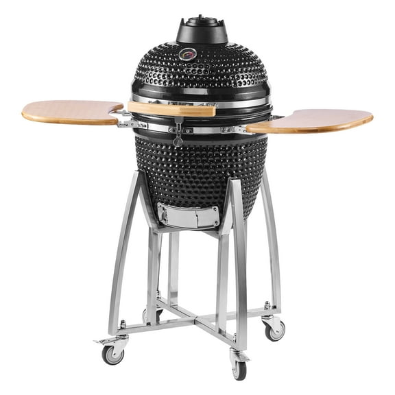 KFFKFF 18" Charcoal BBQ Smoker and Grill, Portable Ceramic Barbecue with Wheels, Built-in Thermometer, and Side Shelves for Outdoor Cooking