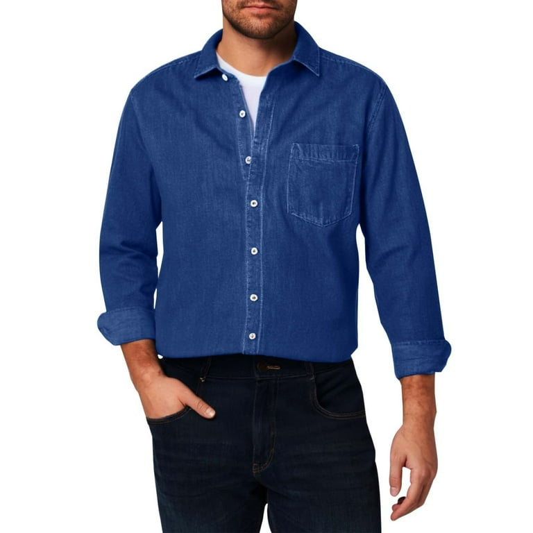 Mens Denim Shirt Long Sleeve Jean Work Shirts, Regular Fit Button