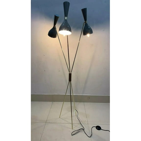 Midcentury Modern Brass Lacquered Tripod Floor Lamp – Stilnovo Style, Retro Vintage Lighting Gift