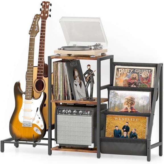 Olakee 3-Tier Record Player Stand with Guitar Stand for Acoustic, Electric Guitar, Bass, Vinyl Record Storage up to 200 Albums