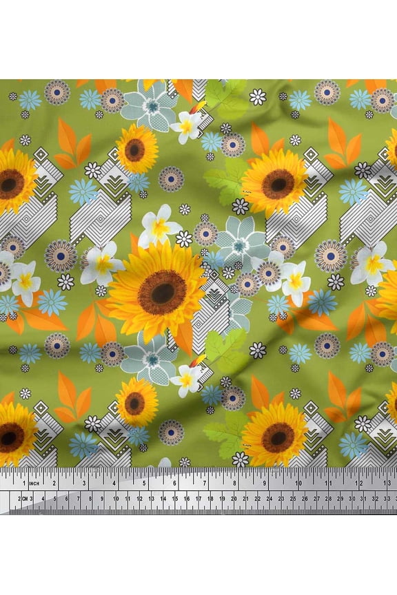 Japan Crepe Satin Fabric Leaves & Sunflower Floral Decor Fabric Printed Yard 42 Inch Wide