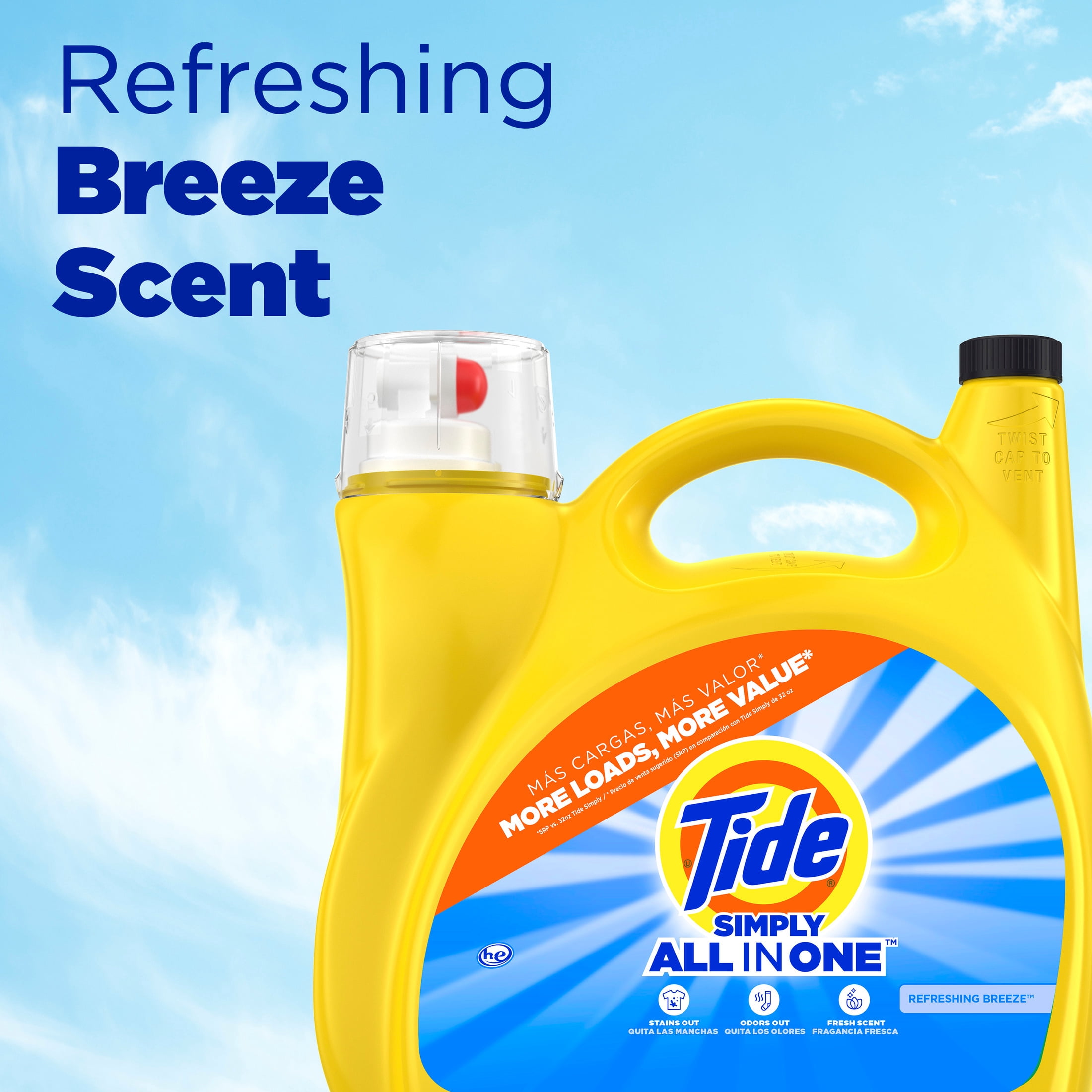 Tide Simply Liquid Laundry Detergent, All-In-One, Refreshing Breeze Scent, 138 Loads, 182 fl oz