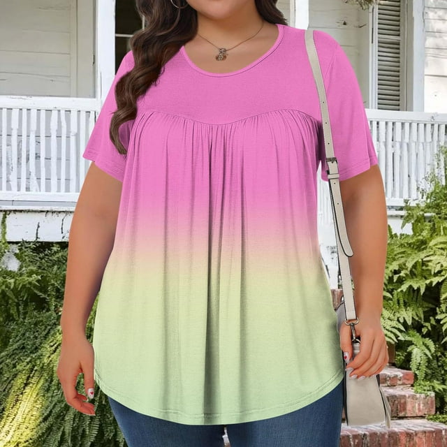 FcBaudy Hauts pour Femmes, Chemisiers et Chemises à Manches Courtes à Col Rond Mode T-Shirt Imprimé pour Femmes Grande Taille à Manches Courtes à Col Rond Blouse Plissée Ample Décontractée et Confortable Hauts Femmes Hauts en Polyester