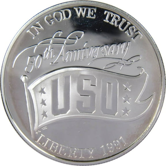 USO 50th Anniversary Commemorative 1991 S 90% Silver Dollar Proof $1