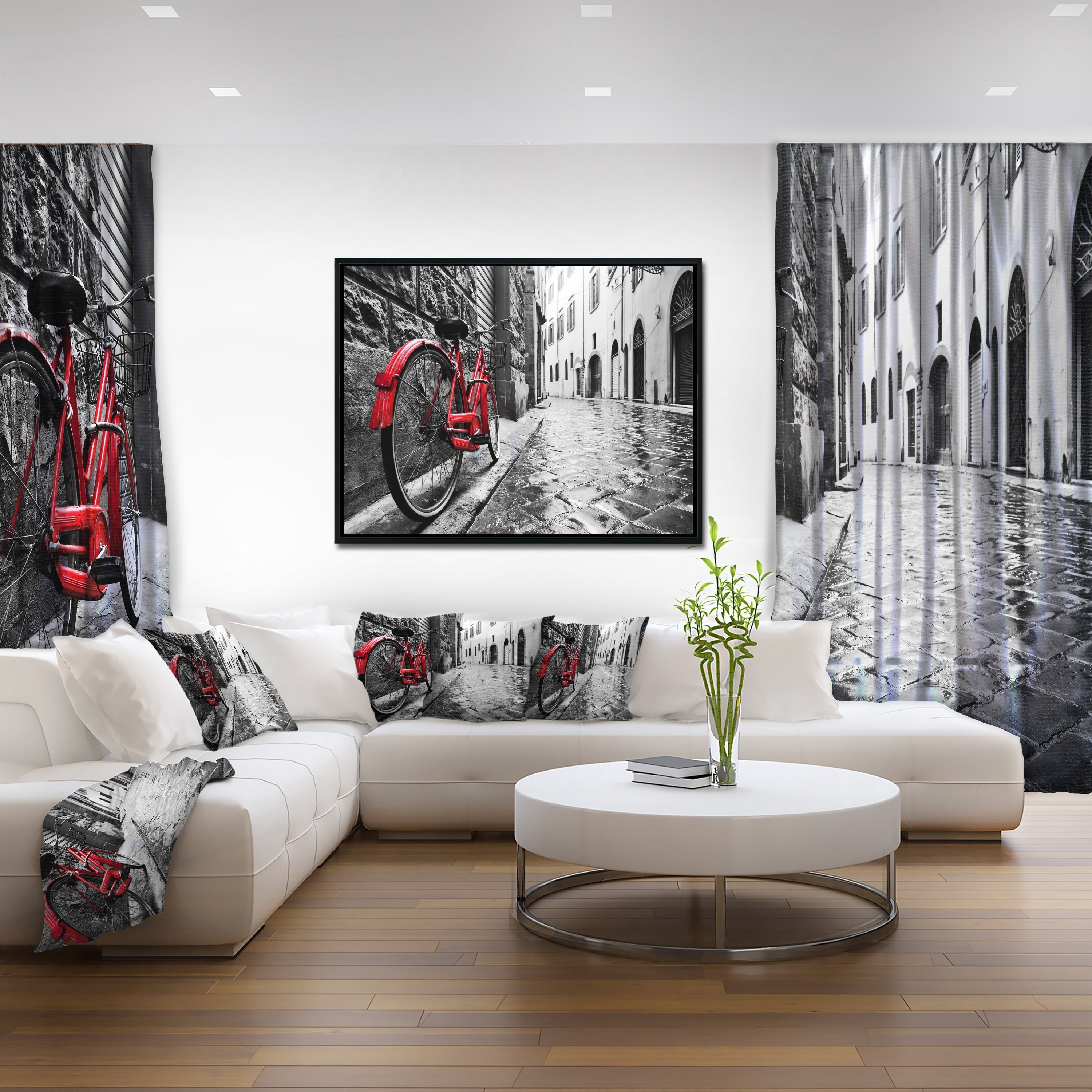 Designart ' Retro Vintage Red Bike ' Cityscape Photo Framed Canvas Art Print