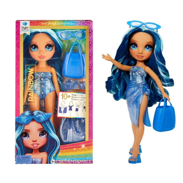 Rainbow High Swim & Style Skyler, Blue 11 Fashion Doll with Shimmery Wrap to Style 10+ Ways, Removable Swimsuit, Sandals, Fun Play Accessories, Great Toy Gift for Girls Kids Ages 4-12 Years
