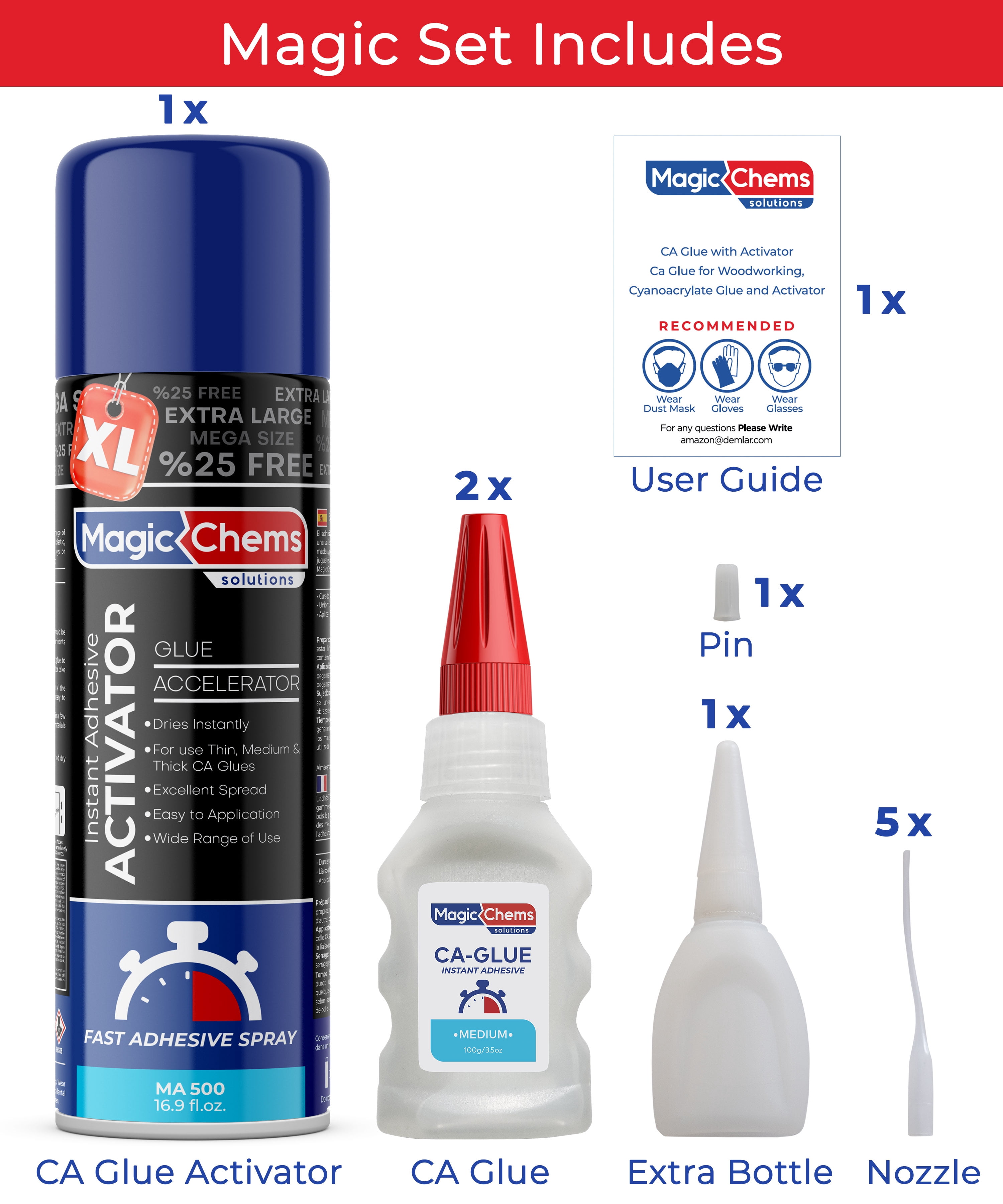 Magic Chems CA Glue with Activator (48 x 3.5 oz + 24 x 16.9 fl oz), Cyanoacrylate Glue and Activator, Super Glue with Accelerator, CAGlue and Accelerator, Medium (24 Pack)
