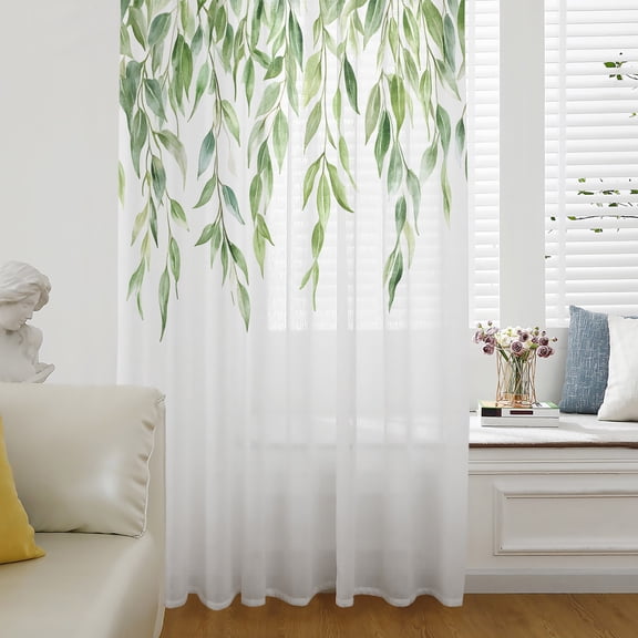 Green Vines Sheer Curtains 63 Inch Length, Light Filtering Voile Curtain Panel, Spring Botanical Plants Leaves Farmhouse Rod Pocket Drapes Window Treatments for Living Room Bedroom 52"x63"