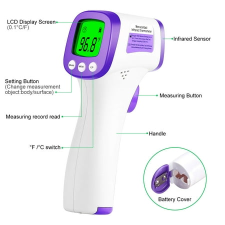 Infrared Forehead Thermometer for Adults, Non Contact Touchless Digital Temporal Thermometer for Baby Kids with Fever Alarm, LCD Screen and Temperature Data Memory (NO Battery Included)