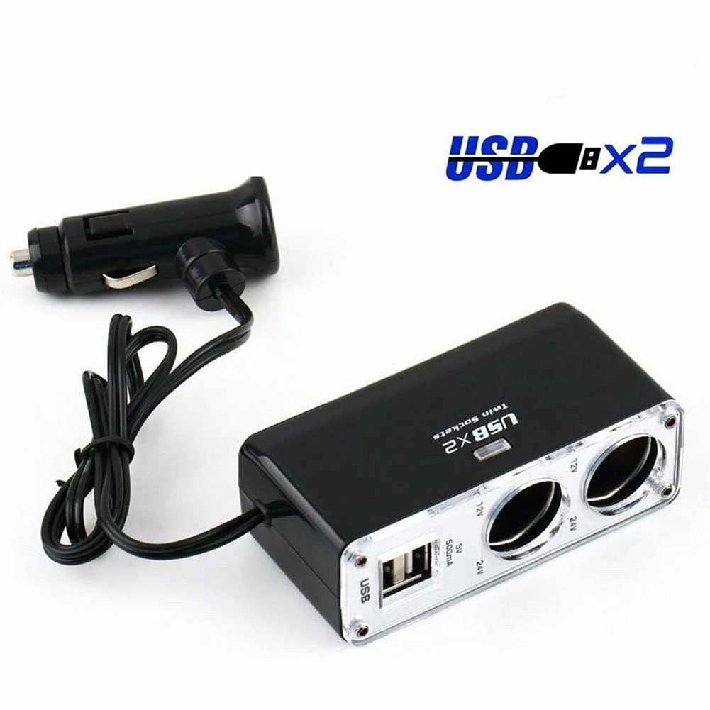 Car Charger Adapter with 2 USB Ports and 2 Sockets Charge Anywhere Anytime
