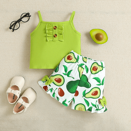 Infant Children Girls Bodysuit Cotton Vest Stripes Suspenders Fruit Avocado Printing Short Pants Cute Fresh Set