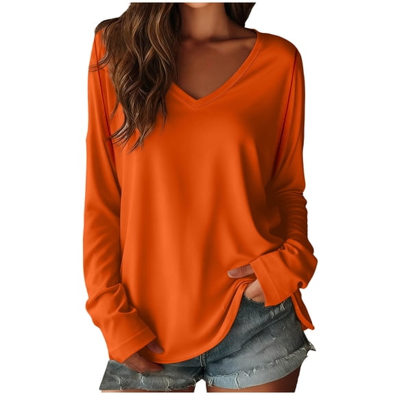 Tops for Women, Tops for Women Long Sleeve V Neck Tshirt Fall Lightweight Casual Breathable Soft Comfortable Solid Color Basic Orange L