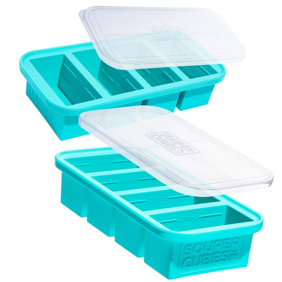 Souper Cubes 1 Cup Freezing Tray with Lid, Silicone Soup Freezer Molds for Freezing Broth, Soup, Leftovers and More, 2-Pack - Aqua