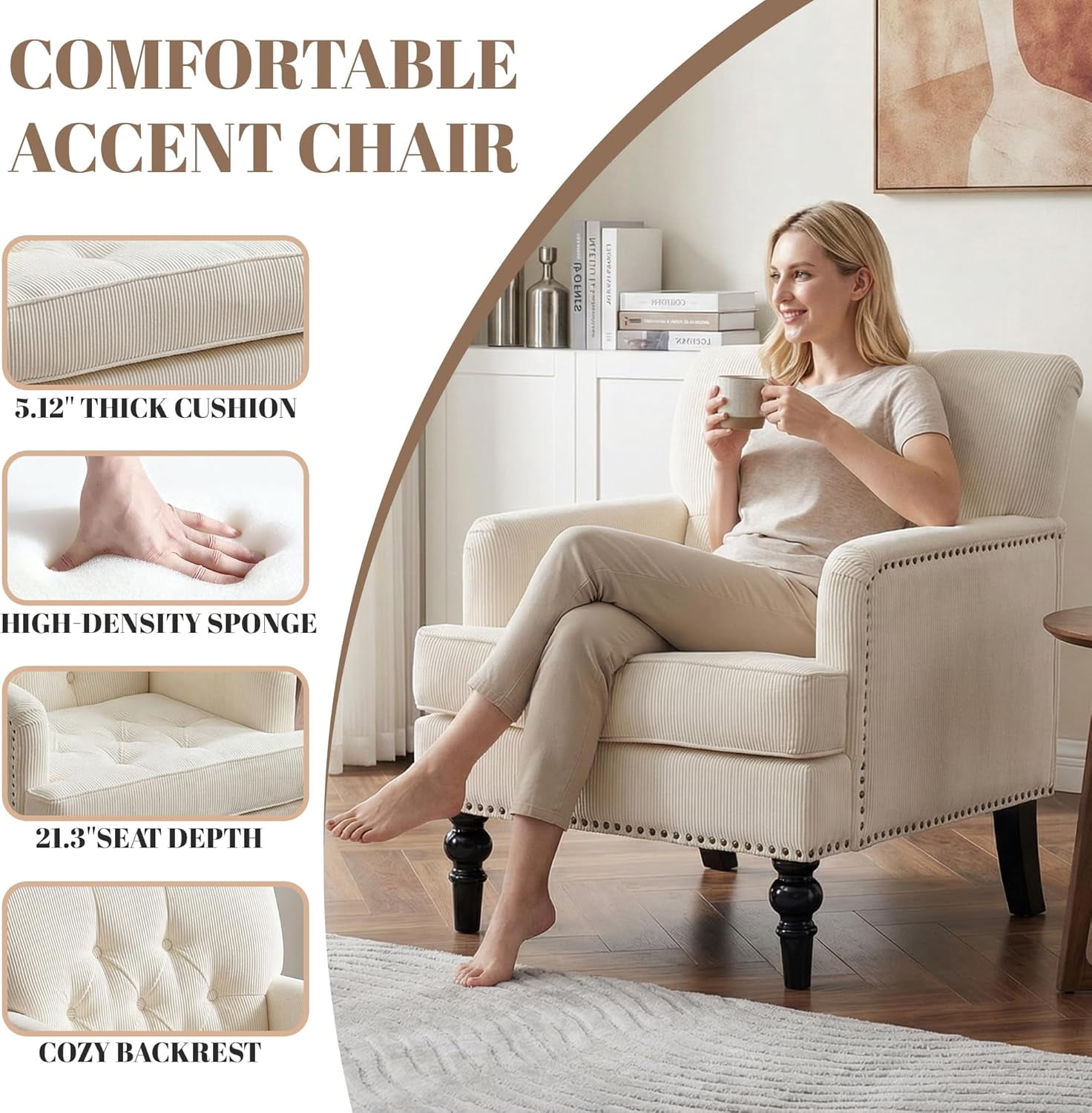 MOONMISS 26.4" Wide Accent Chair,tufted Club Chair With Linen Fabric,upholstered Button Armchair For Bedroom, Living Room,Beige