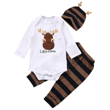 

Infant Baby Boy 3Pcs Fall Outfits Long Sleeve Little Moose Romper Stripe Pants Reindeer Antler Hat Clothes Set