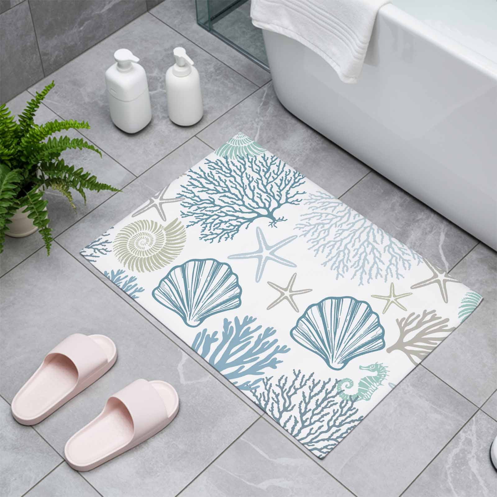 Light Blue Teal Coastal Indoor Door Mat - 16"x24", Non-Slip Welcome Mat for Outdoor, Summer Beach Coral Shell Ocean Front Doormat for Entry, Low-Profile Doormat Entrance Rug for Kitchen/Bathroom