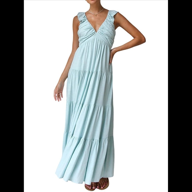 Vestido de Verano para Mujer, Informal, Sin Mangas, con Escote en V y Fruncido, para Playa. Azul S