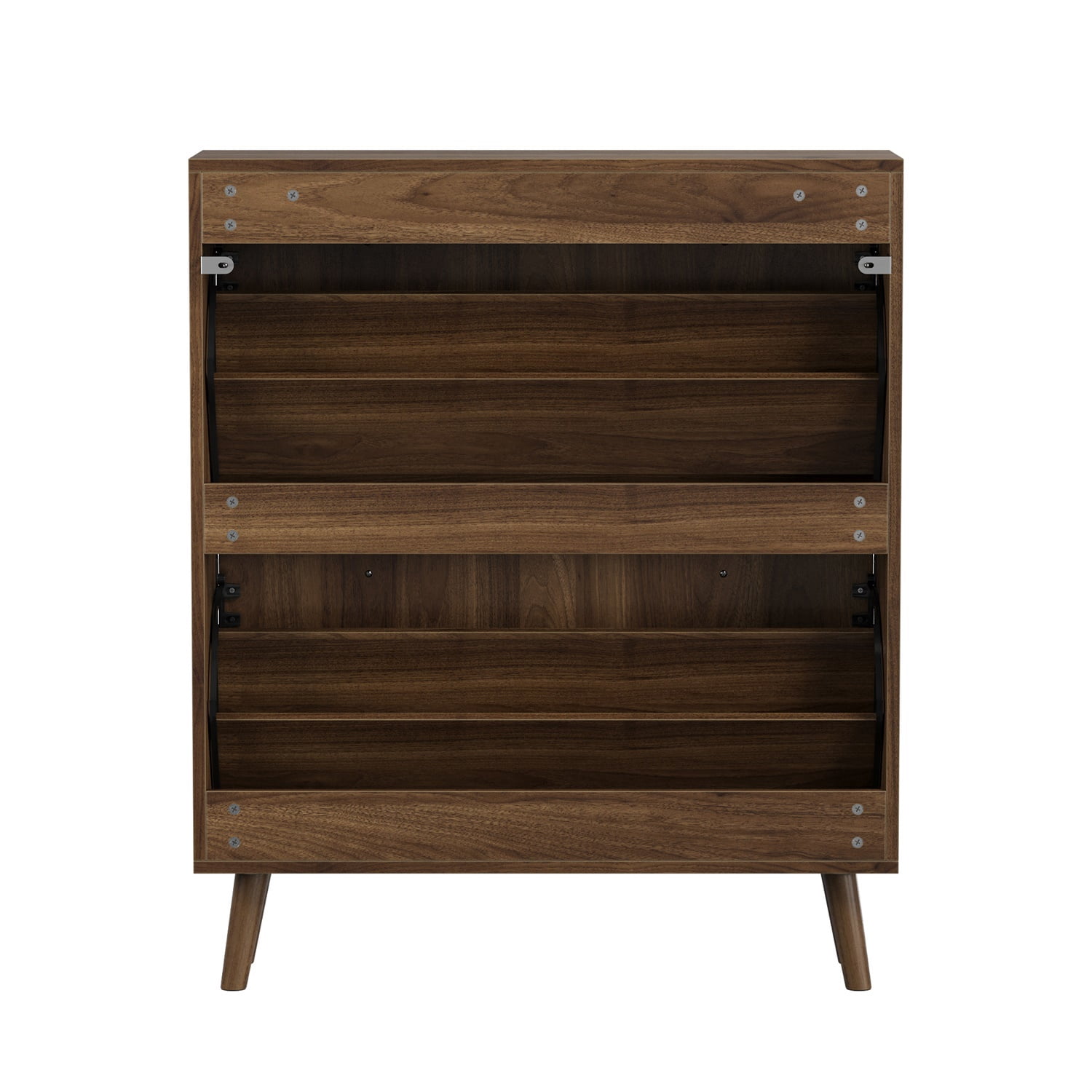 Hommoo Modern 2 Flip Drawers 31.5" Shoe Cabinet with Vertical Grooved Finish and Solid Wood Legs, Storage Shoe Cabinet for Hallways, Walnut
