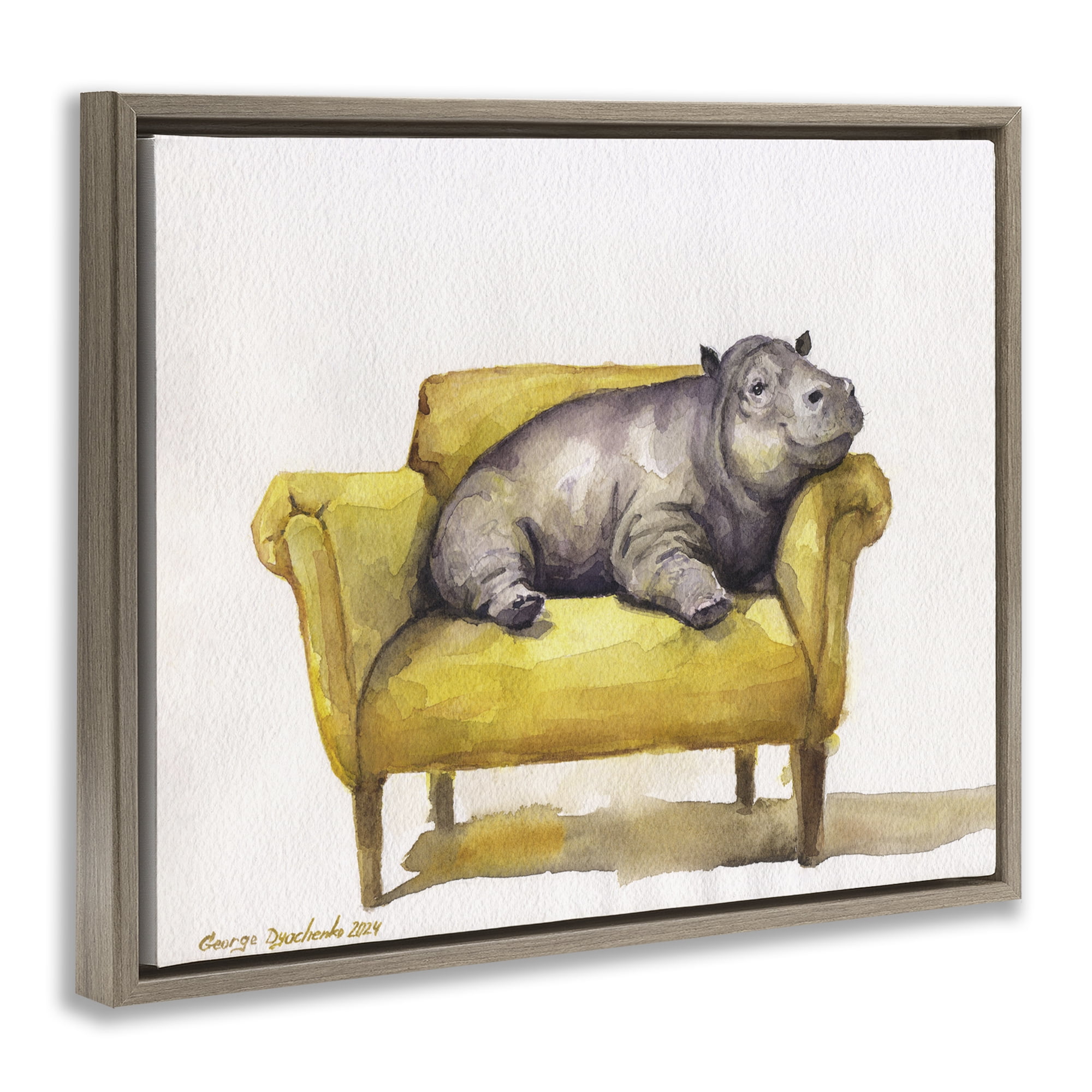 Stupell Industries Hippo on Yellow Chair Animals Painting Brown Floater Framed Canvas Art Print Wall Art, 31 x 25