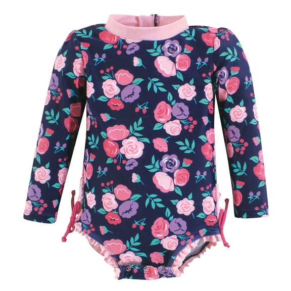 Hudson Baby Girls Rashguard Baby Swimsuit, Navy Bright Pink Floral, 18-24 Months