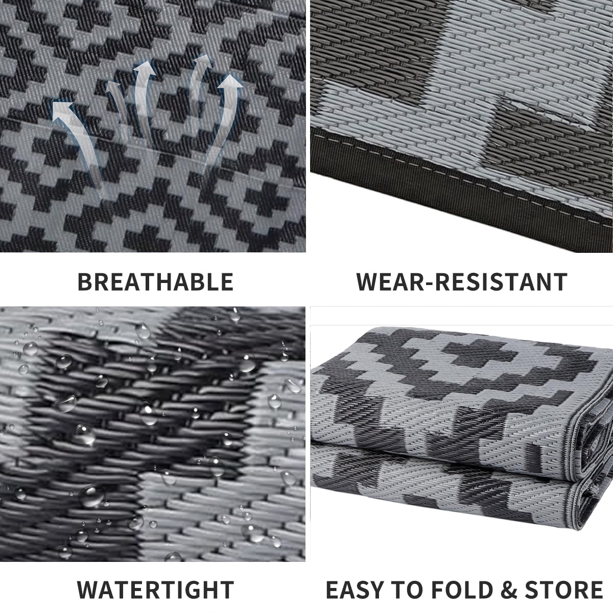 Kzaei Waterproof Outdoor Rug, Reversible Plastic Camping Area Rugs, Black & Gray