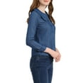 thumbnail image 4 of INSPIRE CHIC Women's Peter Pan Collar Jean Ruffled Button Down Denim Shirt S Blue, 4 of 5