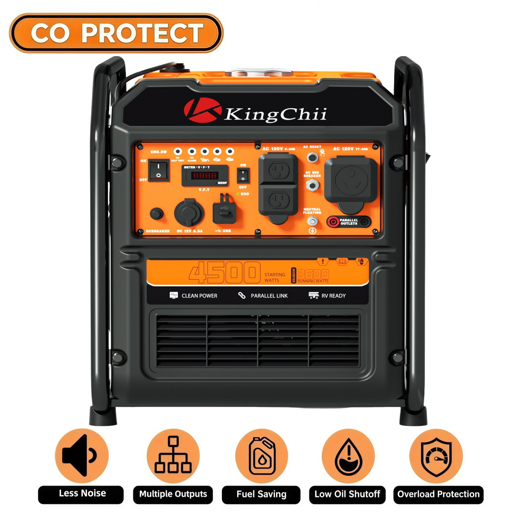 KingChii 4500W Inverter Generator Gas Powered, CO Sensor, ECO Mode, 30A RV Ready Outlet, Portable Outdoor Power Equipment for Camping & Home Backup, EPA Compliant