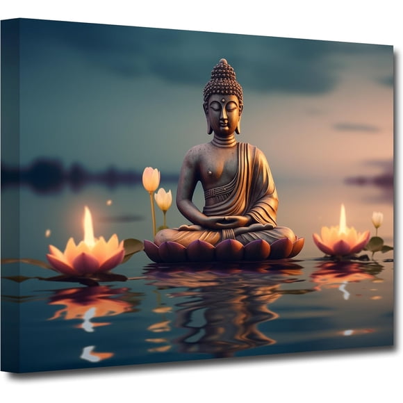 ZHONGYUTONG Buddha Canvas Wall Art Buddha Statue Painting Lotus Flowers Pictures Prints Zen Spa Artwork for Buddhism Prayer Wall Decor (28.00"x42.00")
