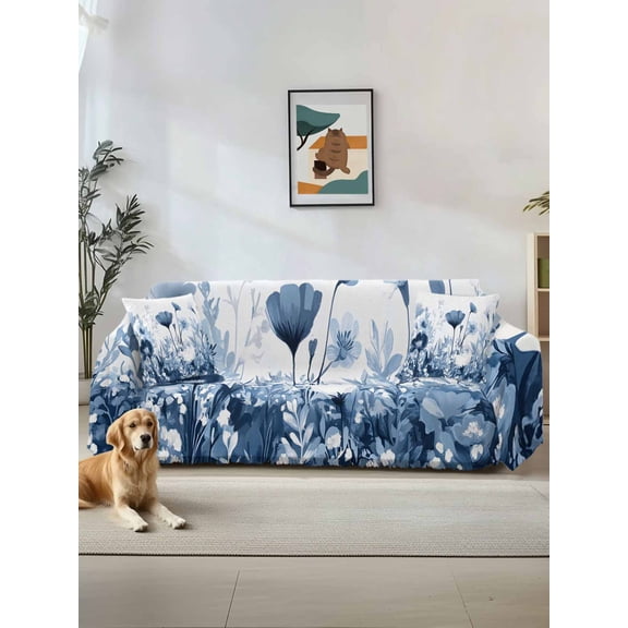 Navy Blue Flowers Couch Cover Sofa Covers 3 Cushion Sectional Couch, Summer Pastoral Botanical Washable Sofa Covers Slipcover Sectional Sofa Cover, Furniture Protector 71"x150"
