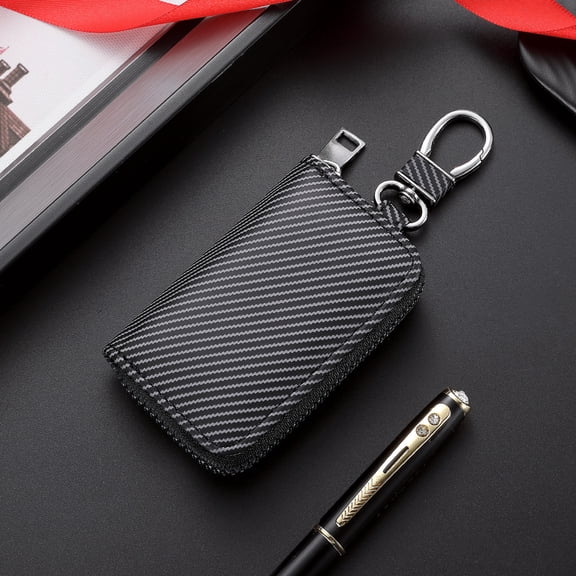 Carbon Fiber Key Holder Case with Zipper, Compact Car Key Organizer Pouch, Portable Keychain Wallet for Men and Women,Black