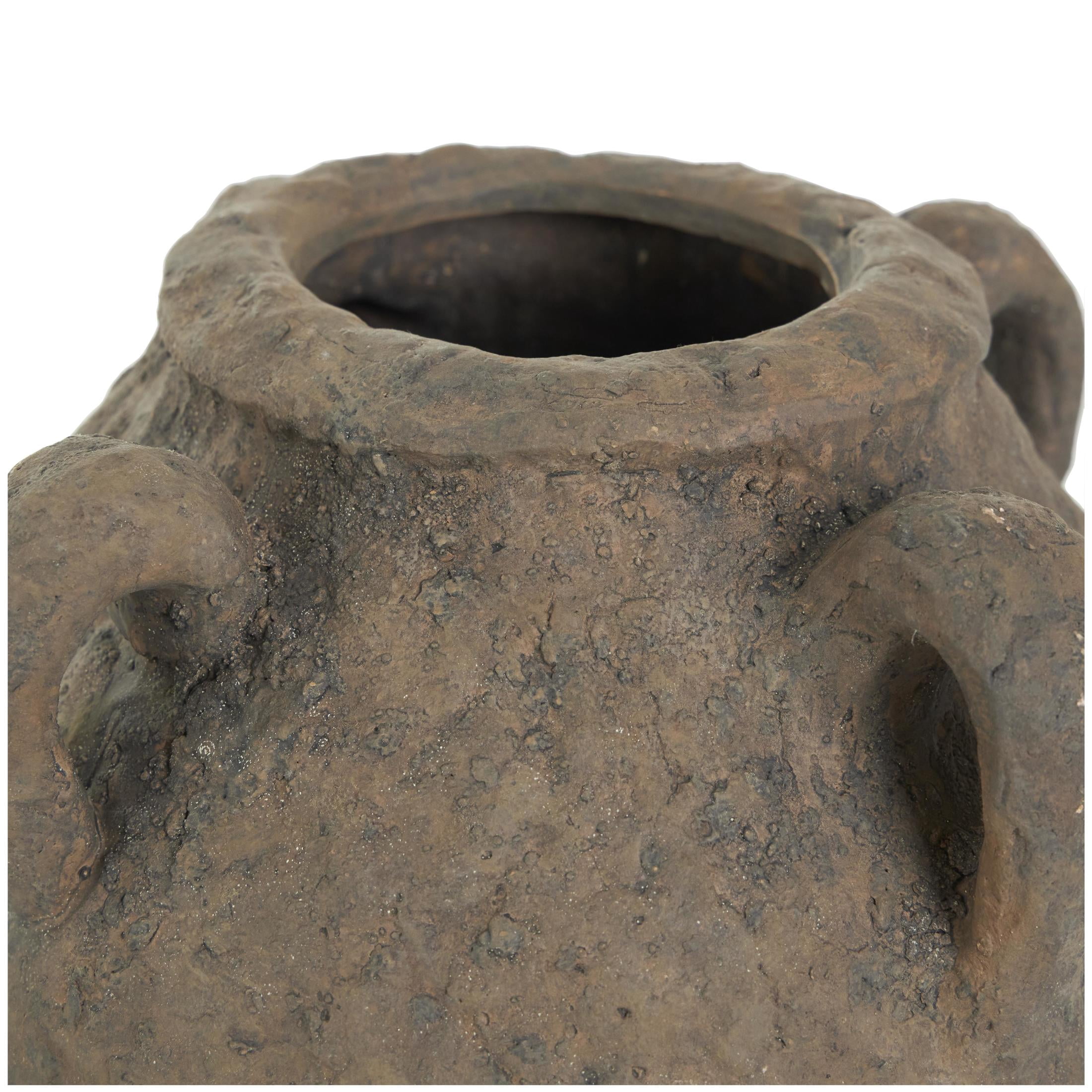 DecMode 12" Handmade Textured Dark Brown Ceramic Vase with Four Handles