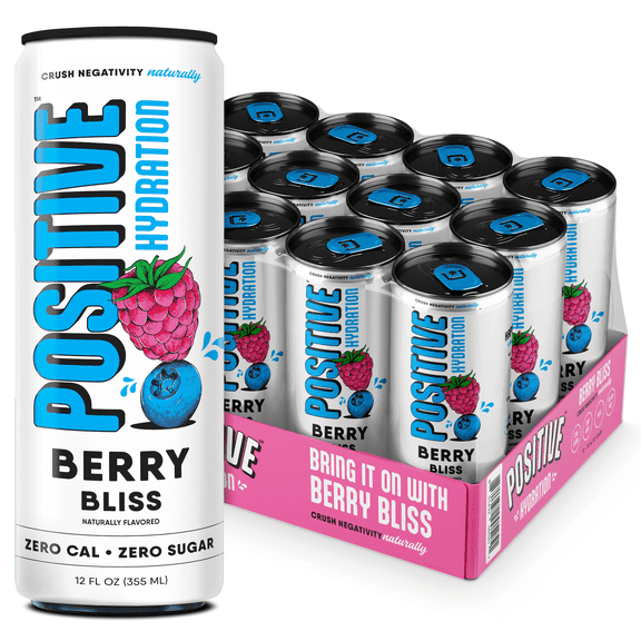 Positive Hydration Berry Bliss | 12-oz Cans (12-Pack) | Zero-Calorie Electrolyte Drink with Essential Vitamins, Calcium, and Hydration Support