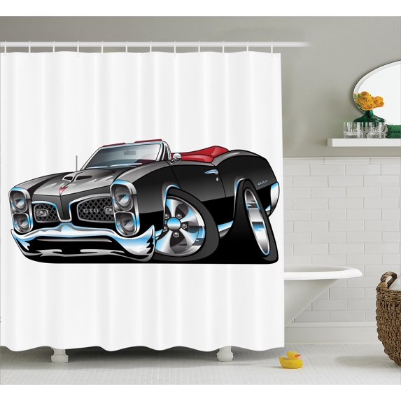 Cartoon Shower Curtain Set, Fancy American Nostalgic Sports Muscle Car with Speeding Wheels Wealthy Tires Symbol Artsy Print, Bathroom Decor, Black, by Ambesonne